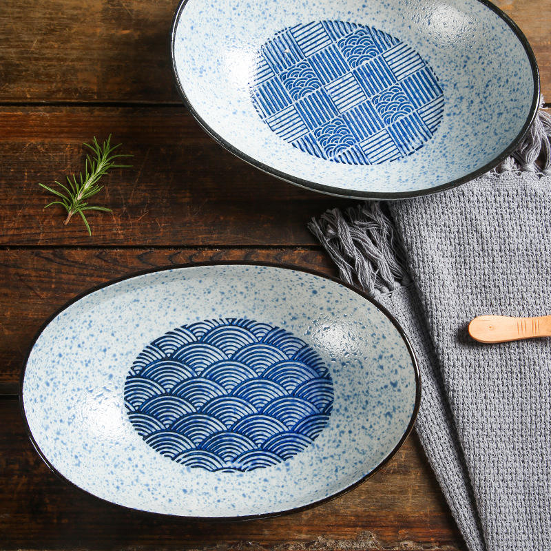 Japansk Retro Blå Keramisk Skål i Form af Guldbar, Dyb Skål