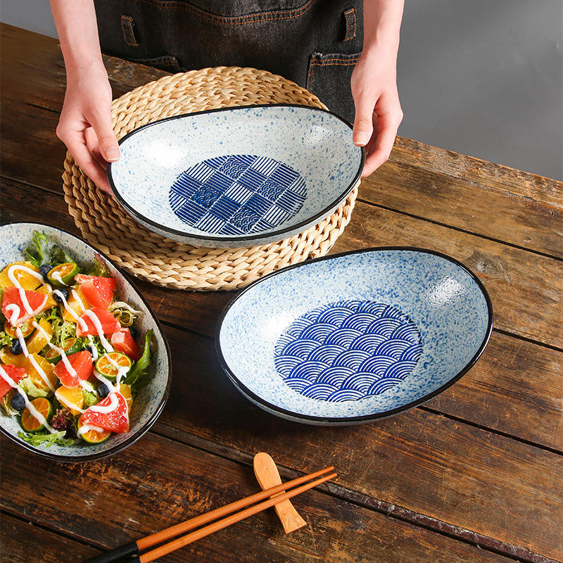 Japansk Retro Blå Keramisk Skål i Form af Guldbar, Dyb Skål