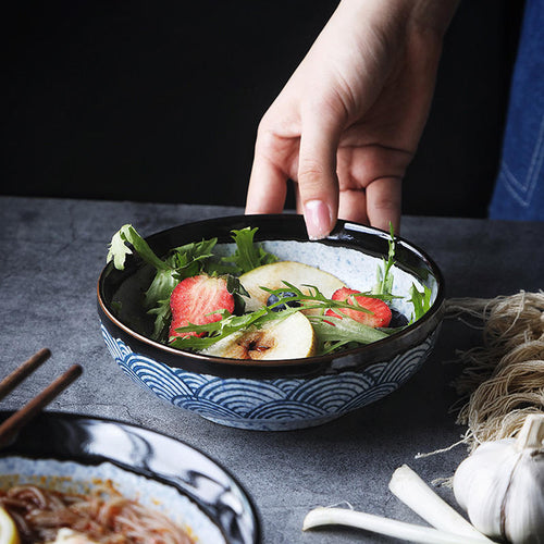 Havbølge Mønster Keramisk Suppeskål – Retro Stil, Blå, 8 Tommer